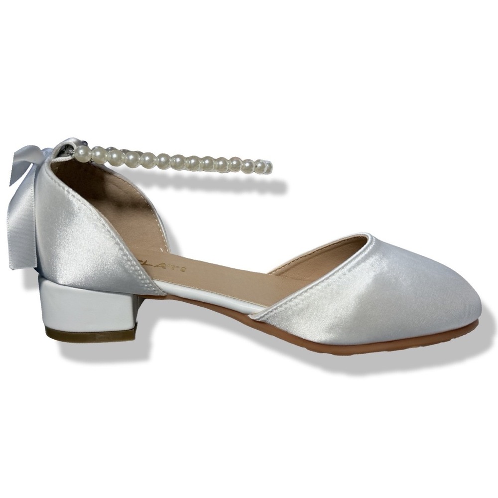 White Kids Mary Jane Pearl Ankle Strap Flower Girl Dress Shoes US 2 NEW